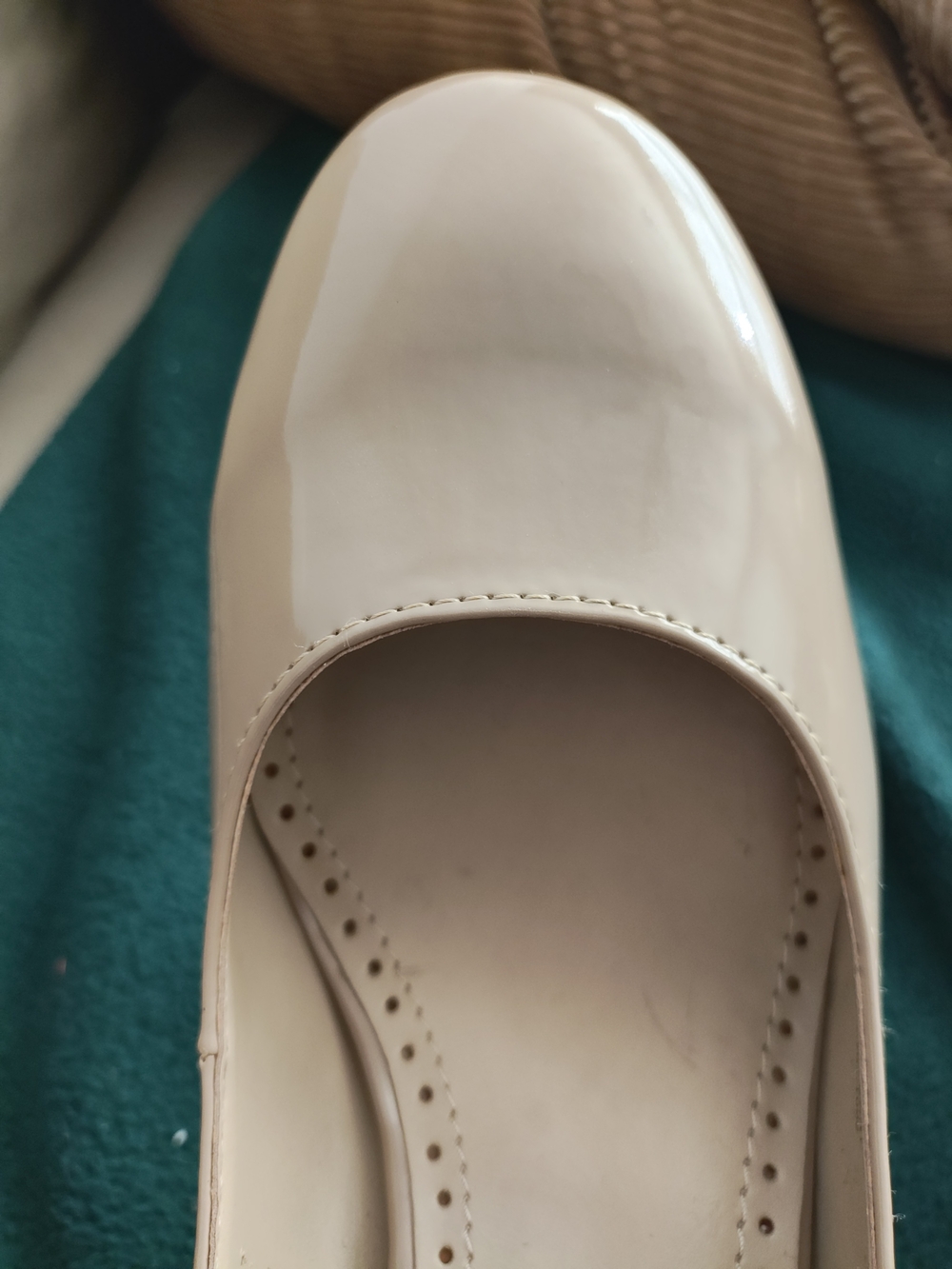 Adrienne Vittadini Patent Leather Round-Toe in Light Beige Block Pumps
